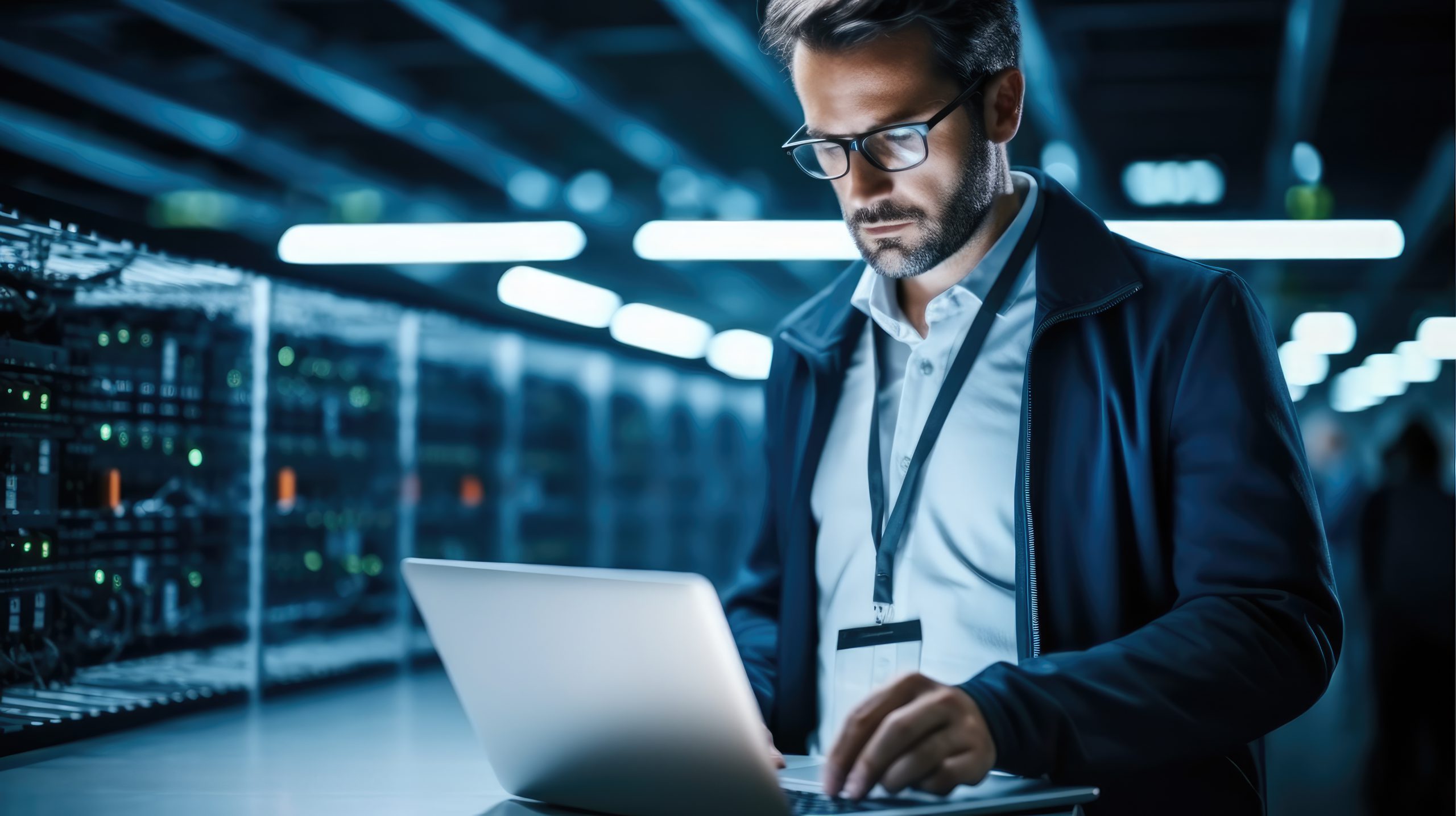 Administrator Working With Data Protection Engineering Network for Cyber Security in data center, Server Farm Cloud Computing Facility with System. Administrator Working With Data Protection Engineering Network for Cyber Security in data center, Server Farm Cloud Computing Facility with System.