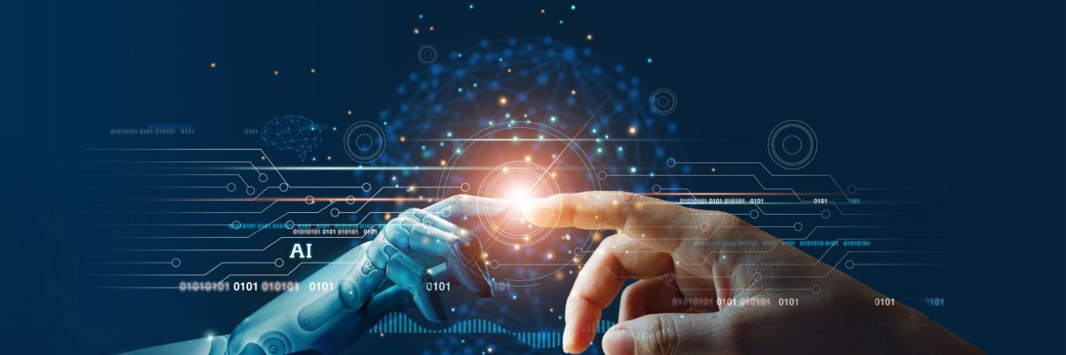 AI, Machine learning, Hands of robot and human touching on big d AI, Machine learning, Hands of robot and human touching on big data network connection background, Science and artificial intelligence technology, innovation and futuristic.