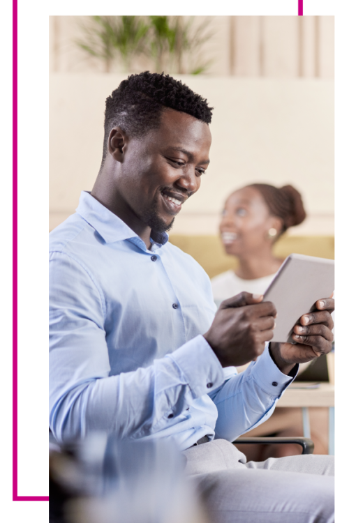 PaySpace landing page visual Employee happily working on their tablet